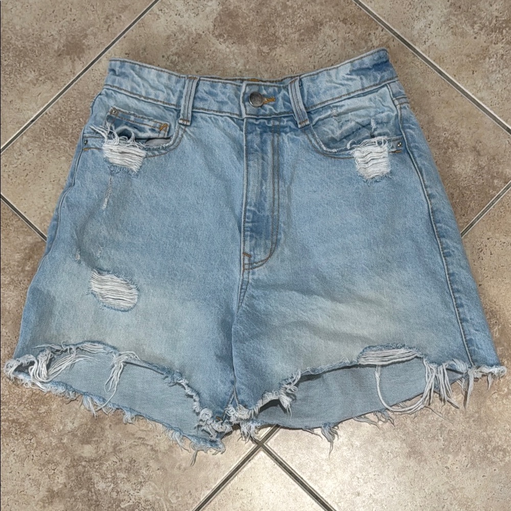 Zara Light Blue Distressed Denim Shorts 4